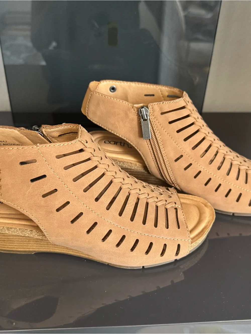 Earth Tan Cutout Wedge Sandals with Side Zip